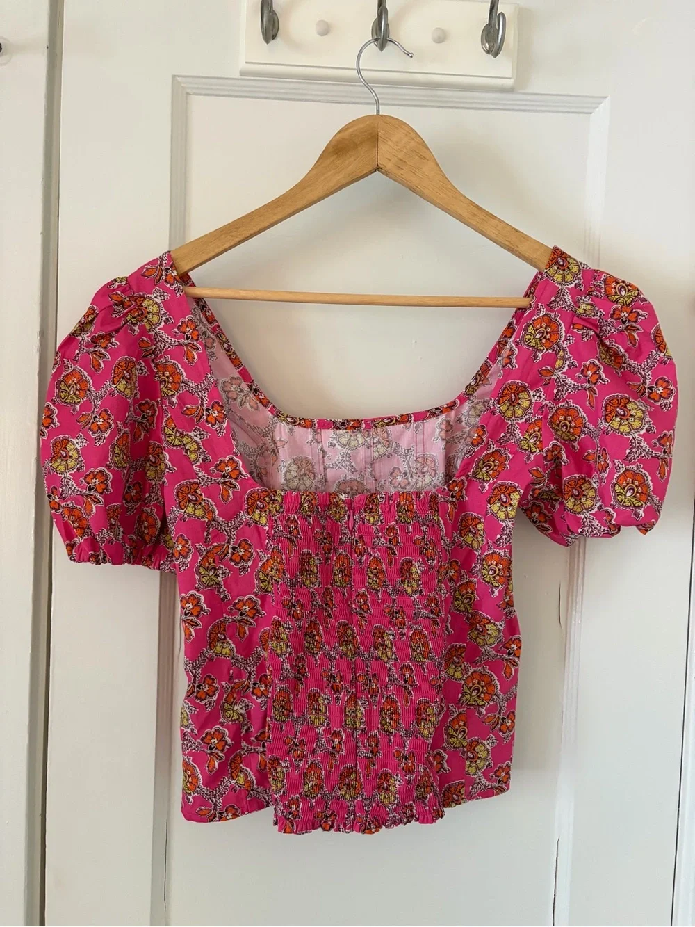 J. Crew Hot Pink Floral Square-Neck Puff Sleeve Blouse